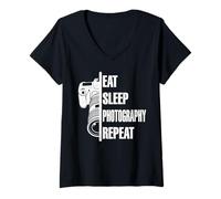 Mujer Comer sueño Fotografía Repetir Diseño de cámara Camiseta Cuello V