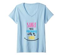 Mujer Comience su mañana con una Sonrisa Mentalidad Positiva Buen día Camiseta Cuello V