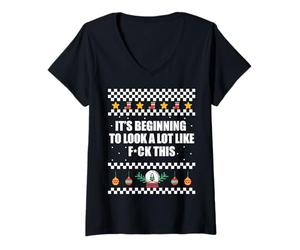 Mujer COMIENZANDO A Verse como F-CK Este Ugly Christmas Sweater Meme Camiseta Cuello V