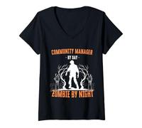 Mujer Community Manager por Día Zombie de Noche Funny Halloween Camiseta Cuello V