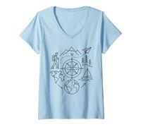 Mujer Compass Globe Hiker Mapa del Mundo Viajes Camiseta Cuello V
