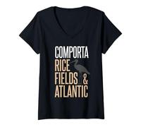 Mujer Comporta Portugal Campo de arroz y Silueta de cigüeña atlántica Camiseta Cuello V