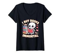 Mujer Compro libros como si fuera inmortal libro de esqueleto estilo kawaii Camiseta Cuello V