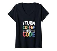 Mujer Computadora "Convierto el café en código" Nerd Camiseta Cuello V