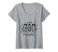 Mujer con Dios Todas Las Cosas Son posibles Evangelio bíblico Camiseta Cuello V