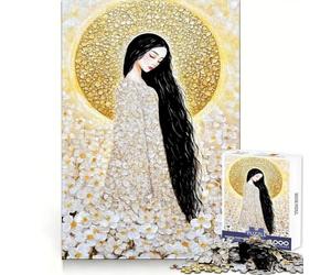 Mujer con Flores Blancas y halo Dorado Rompecabezas de 1000 Piezas para Adolescentes Entrenamiento Mental, atención Plena, Escape, Bordes definidos Regalo de Temporada (38x52cm)