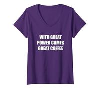 Mujer con Gran Poder Viene un Gran café Camiseta Cuello V, Morado, L