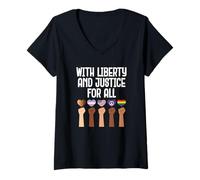 Mujer con Libertad y Justicia para Todos el Mes del Orgullo Igualdad LGBTQ Camiseta Cuello V