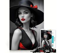Mujer con Sombrero Negro y Vestido Rojo Rompecabezas de 1000 Piezas para Adultos Entrenamiento Mental Divertido Corte de precisión Bordes Lisos Actividad Absorbente para Noches tranquilas (38x52cm)