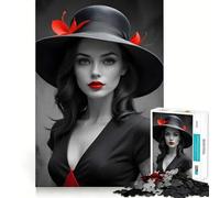 Mujer con Sombrero Negro y Vestido Rojo Rompecabezas para Adultos de 1000 Piezas Juego de concentración Mental Manualidad de Corte de Alta precisión Actividad para Fortalecer los Lazos Familiares
