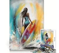 Mujer con Tabla de Surf para Adultos, Rompecabezas de 1000 Piezas, Think Training Serene Escape, Bordes definidos, Regalo Creativo (38x52cm)