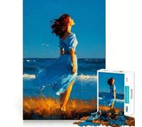Mujer con Vestido Azul Junto al mar Rompecabezas de 1000 Piezas para Adultos Divertido Juego de Memoria Requiere un Trabajo de Corte Experto Actividad Relajante para Grupos en Interiores (38x52cm)