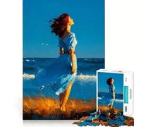 Mujer con Vestido Azul Junto al mar Rompecabezas para Adultos de 1000 Piezas Juego de concentración Mental, Corte láser Actividad Nocturna Divertida para Toda la Familia (38x26cm)