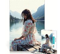 Mujer con Vestido Floral Junto al Lago Rompecabezas de 1000 Piezas Juego de ingenio Troquelado de Alta precisión Un pasatiempo Fascinante para los Momentos de Ocio (38x52cm)