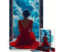 Mujer con Vestido Rojo Mirando Las Nubes Rompecabezas para Adultos de 1000 Piezas Juego de Entrenamiento cognitivo Encaje Huecos Actividad Relajante para la Mente (38x26cm)