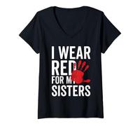 Mujer Conciencia MMIW de los nativos de América - Me pongo rojo para mis hermanas Camiseta Cuello V