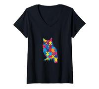 Mujer Conciencia sobre el autismo Rompecabezas vibrante minimalista búho granja de mascotas Camiseta Cuello V