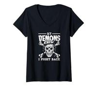 Mujer Conciencia sobre el TEPT Mis Demonios Saben Que Lucho Camiseta Cuello V