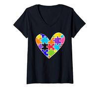 Mujer Concienciación sobre el autismo Corazón de rompecabezas sin Camiseta Cuello V