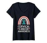 Mujer Concientización sobre el cáncer Cervical Teal Rainbow Support Camiseta Cuello V