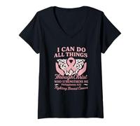Mujer Concientización sobre el cáncer de mama, mujer guerrera, versículo bíblico, fe Camiseta Cuello V