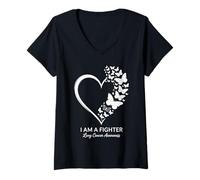 Mujer Concientización sobre el cáncer de pulmón con corazón de mariposa I Am A Fighter Camiseta Cuello V