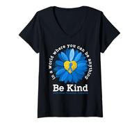 Mujer Concientización sobre la prevención del abuso Infantil Be Kind Blue Sunflower Camiseta Cuello V