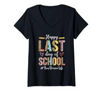 Mujer Conductor De Autobús Feliz Último Día De Escuela Verano Camiseta Cuello V