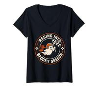 Mujer Conductor de Temporada Espeluznante Fantasma de Carreras de Halloween Camiseta Cuello V