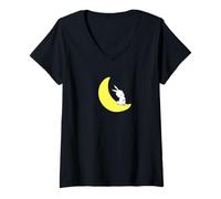 Mujer Conejito blanco en luna creciente - Linda camiseta celestial Camiseta Cuello V