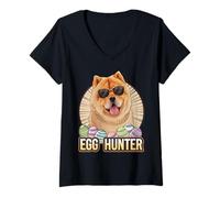 Mujer Conejito de Pascua Chow Chow Egg Hunter Dog Lover Camiseta Cuello V