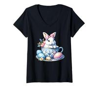 Mujer Conejito de Pascua de la taza de té Regency Victoriano Vintage Conejo de Pascua Camiseta Cuello V