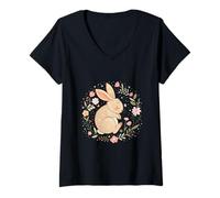Mujer Conejito durmiendo en diseño de prado Camiseta Cuello V