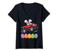 Mujer Conejito en camión Saltando sobre Coloridos Huevos de Pascua niño pequeño Camiseta Cuello V