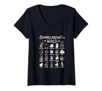 Mujer Conejitos Alrededor del Mundo Razas de Conejos Gráfico Animal Mascota Camiseta Cuello V