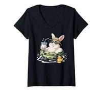 Mujer Conejo Boba Perla Té con Leche Conejos Camiseta Cuello V