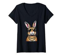 Mujer Conejo con gafas de sol, divertido jefe rebelde Hip Bunny Pascua Camiseta Cuello V
