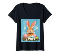 Mujer Conejo de Pascua Divertido Lindo Retro Vintage Huevos de Pascua Camiseta Cuello V