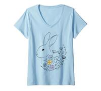 Mujer Conejo de Pascua Flores Retro Cottagecore Vintage Estilo Camiseta Cuello V
