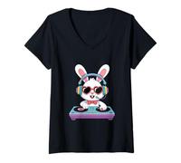 Mujer Conejo DJ Animado Tocadiscos Corazón Camiseta Cuello V