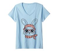 Mujer Conejo Estampado Leopardo Gafas Diadema Rosa Pascua Bunny Camiseta Cuello V