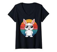 Mujer Conejo retro con gafas de sol Conejo Estilo Vintage Camiseta Cuello V