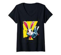 Mujer Conejo Signo de Paz Retro Pop Bunny Personaje gráfico Gesto Camiseta Cuello V