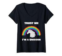 Mujer Confía en mí, Soy un Unicornio con Fondo de arcoíris Camiseta Cuello V