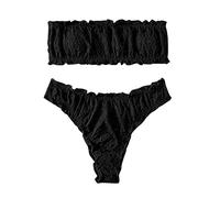 Mujer Conjuntos de bikini de cintura alta hombro descubierto sexy bikini set negro traje de baño 2 piezas brasileño diadema Top Push Up fruncido control de vientre Beachwear, Negro , L