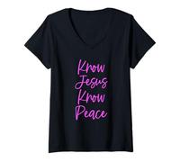 Mujer Conoce a Jesús Paz Versículo Bíblico Cristiano Jesús Señor Escritura Camiseta Cuello V