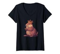 Mujer Conoce al divertido castor con disfraz de Rey Corona Camiseta Cuello V
