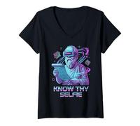 Mujer Conoce tu Selfie Sócrates VR Filosofía Cibernética Vaporwave Camiseta Cuello V