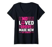 Mujer Conocido Amado perdonado Hecho Nuevo en Cristo Fe Cruz Cita Camiseta Cuello V