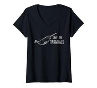 Mujer Conservación de Narvales Salvar a los Narvales Océano Vida Silvestre Arte Camiseta Cuello V